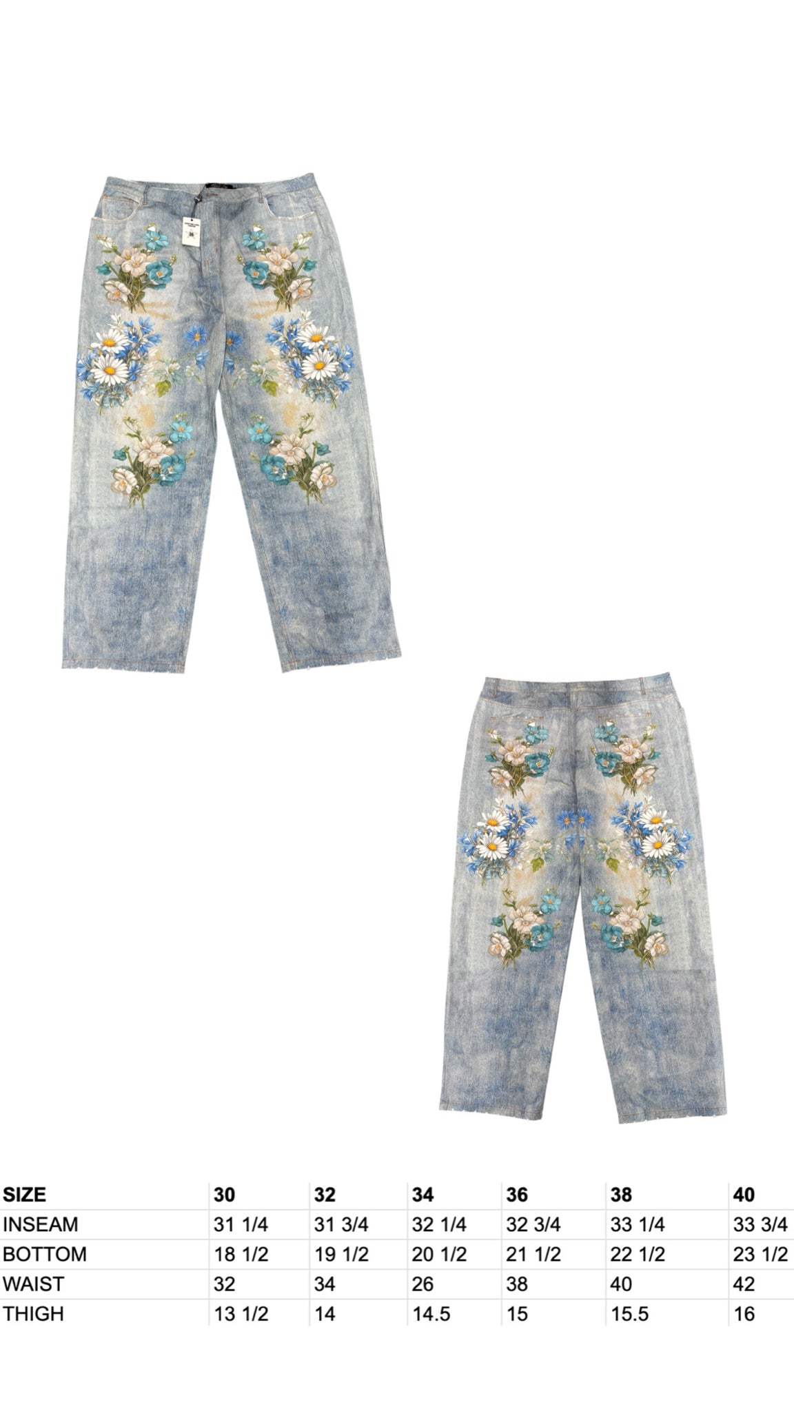 NWT Vale Forever Mns 38 Light Blue Garden Denim Jeans Floral Print Pants