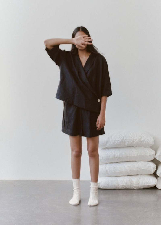 NWT Deiji Studios The Asymmetric Set Deep Black Wmn Sz S French Linen Top Shorts