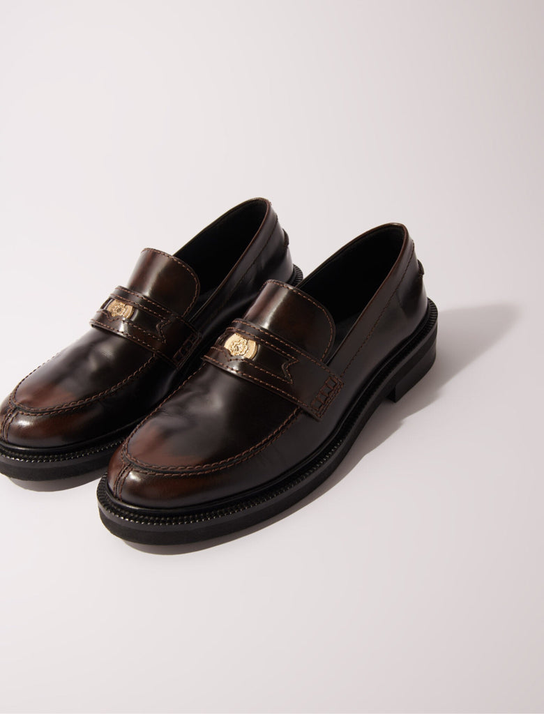 Maje Dark Brown Brushed Leather Penny Loafer w/ Clover Coin Medallion Sz 41