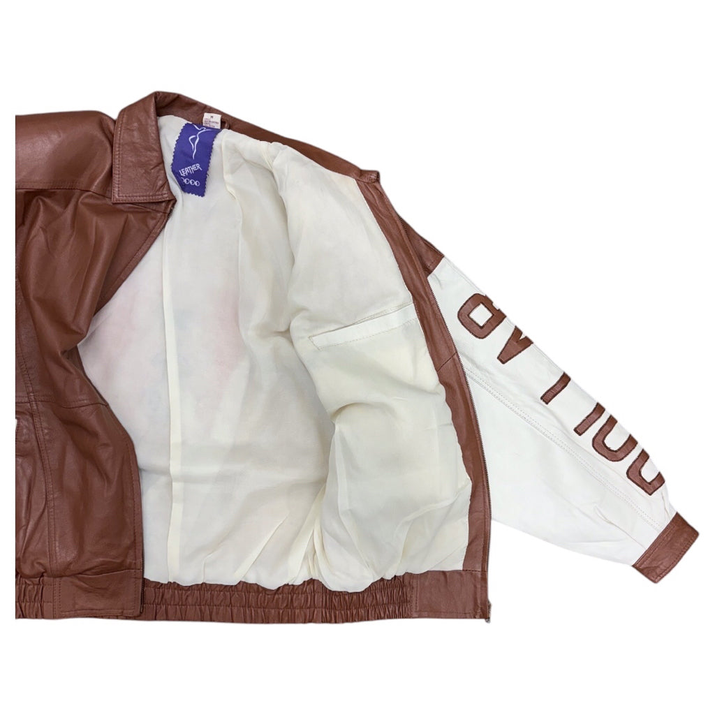 LEATHER 9000 Men's Leather Varsity Jacket Money Bag Dollar Brown Cream Sz M