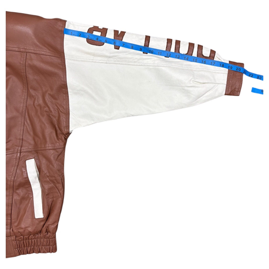 LEATHER 9000 Men's Leather Varsity Jacket Money Bag Dollar Brown Cream Sz M