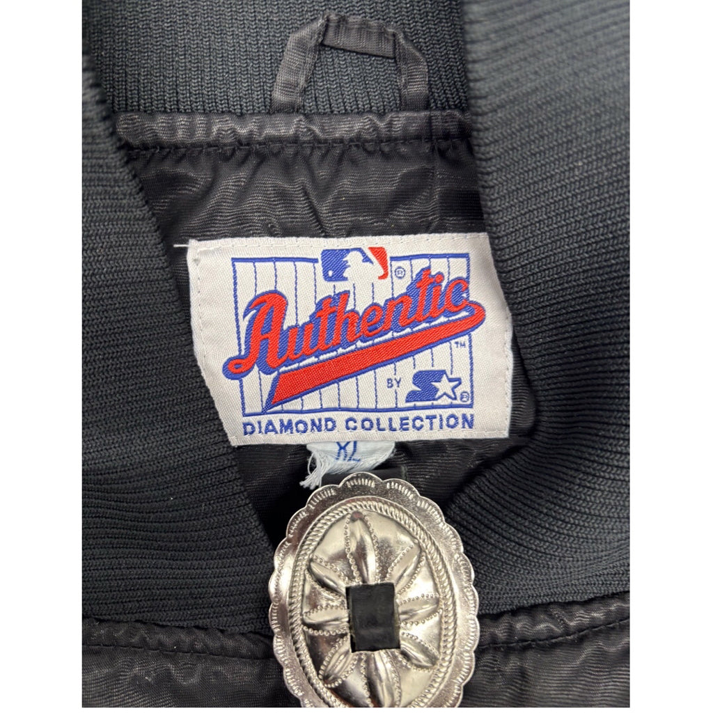 1990’s Authentic By Starter Black San Francisco Giants Orange Script Full-Snap Spellout Satin BomberJacket Sz XL