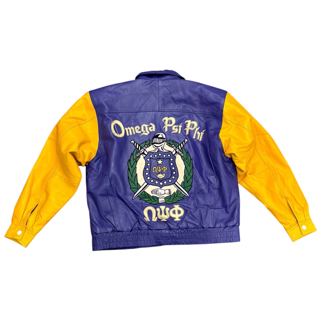 LEATHER 9000 Men's Omega Psi Phi Fraternity Leather Varsity Jacket Purple Gold D9 Sz L