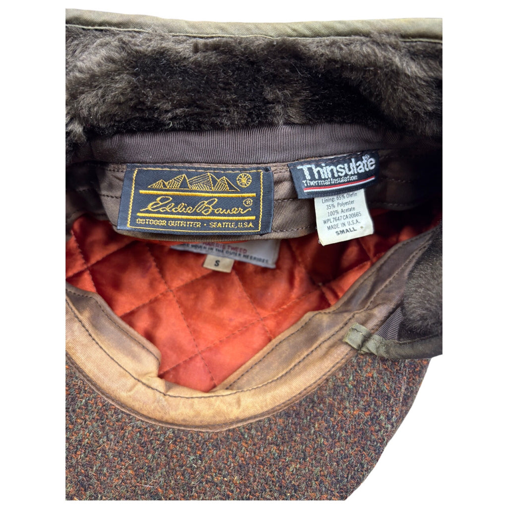 Eddie Bauer Harris Tweed Y2K Vintage Brown Wool Newsboy Button Earflap Closure Hat Sz S