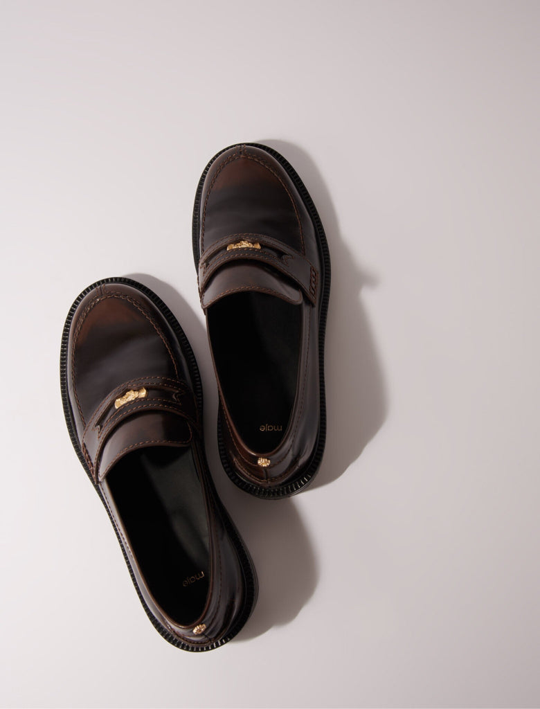 Maje Dark Brown Brushed Leather Penny Loafer w/ Clover Coin Medallion Sz 41