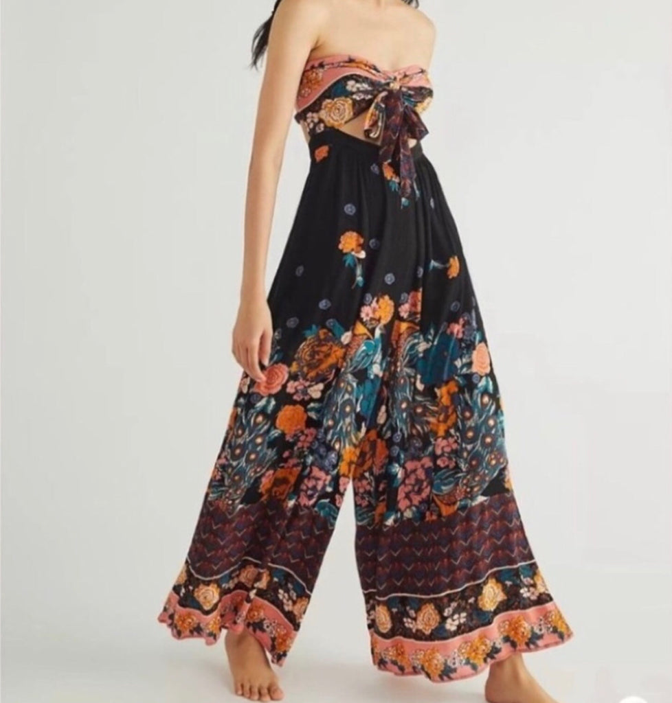 NWT Free People Bali Birds of Paradise Strapless Jumpsuit Black Motif Wms Sz M