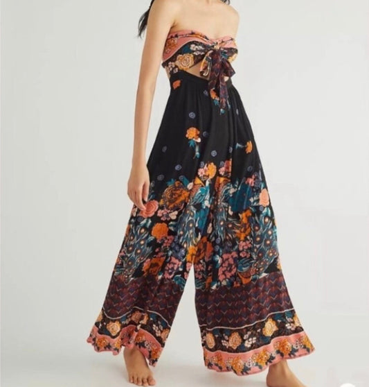 NWT Free People Bali Birds of Paradise Strapless Jumpsuit Black Motif Wms Sz M