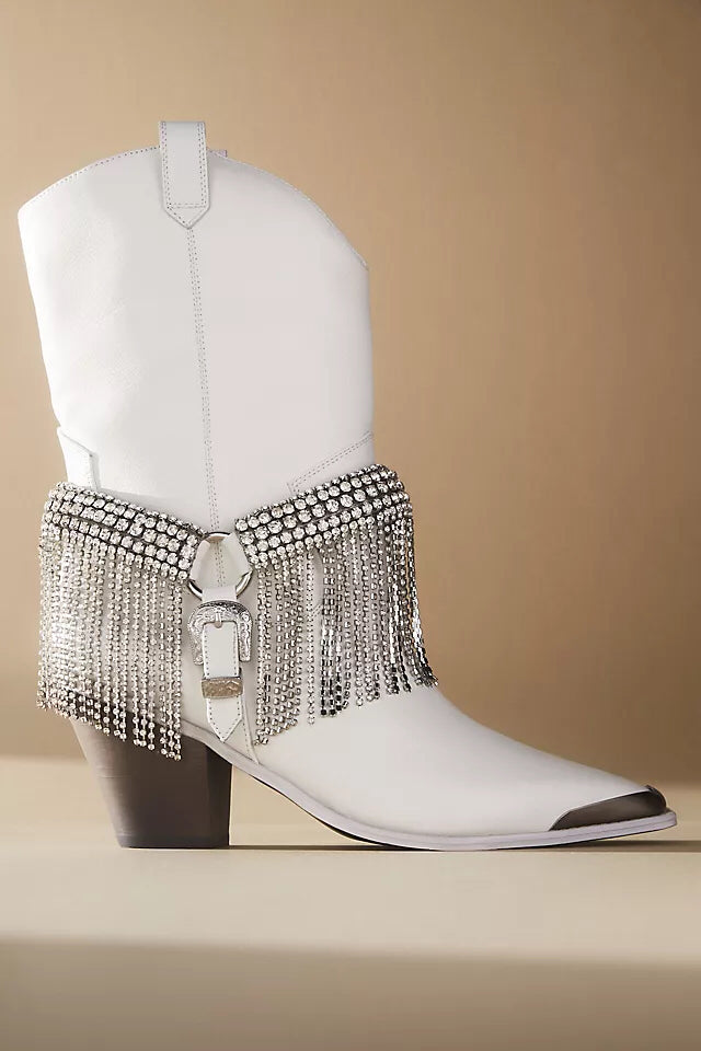 Daniel x Diamond High Noon Crystal-Harness White Western Heel Booties Shoe Wmns Sz 6 Boots