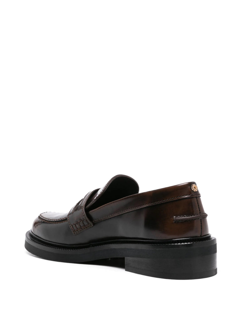 Maje Dark Brown Brushed Leather Penny Loafer w/ Clover Coin Medallion Sz 41