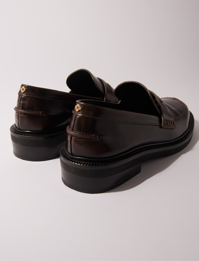 Maje Dark Brown Brushed Leather Penny Loafer w/ Clover Coin Medallion Sz 41
