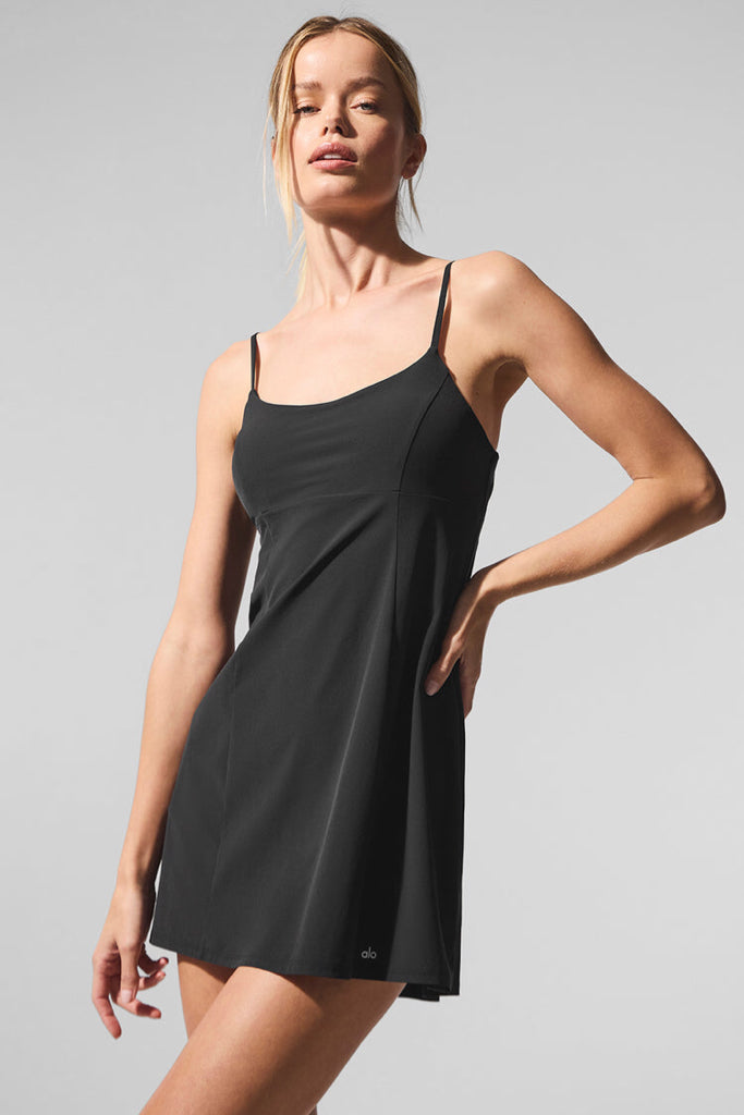 NWT Alo Breezy Tennis Dress Solid Color Black Spaghetti Strap Sz L – conSHINEment
