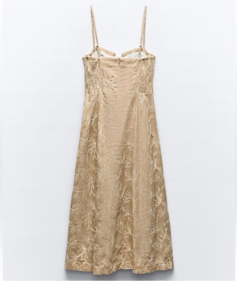 NWT Zara SS24 Embroidered Floral Midi Dress Ecru/Beige Wmns Sz M 3447/682