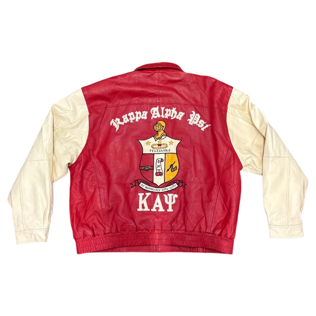 LEATHER 9000 Men's Kappa Alpha Psi Fraternity Leather Varsity Jacket Coat Red Cream D9