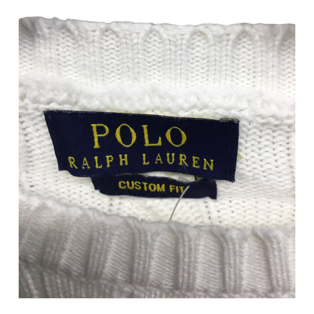 POLO RALPH LAUREN Classic Cable Knit White Navy Red Pullover Crewneck M Tennis Golf