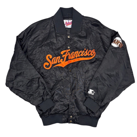 1990’s Authentic By Starter Black San Francisco Giants Orange Script Full-Snap Spellout Satin BomberJacket Sz XL