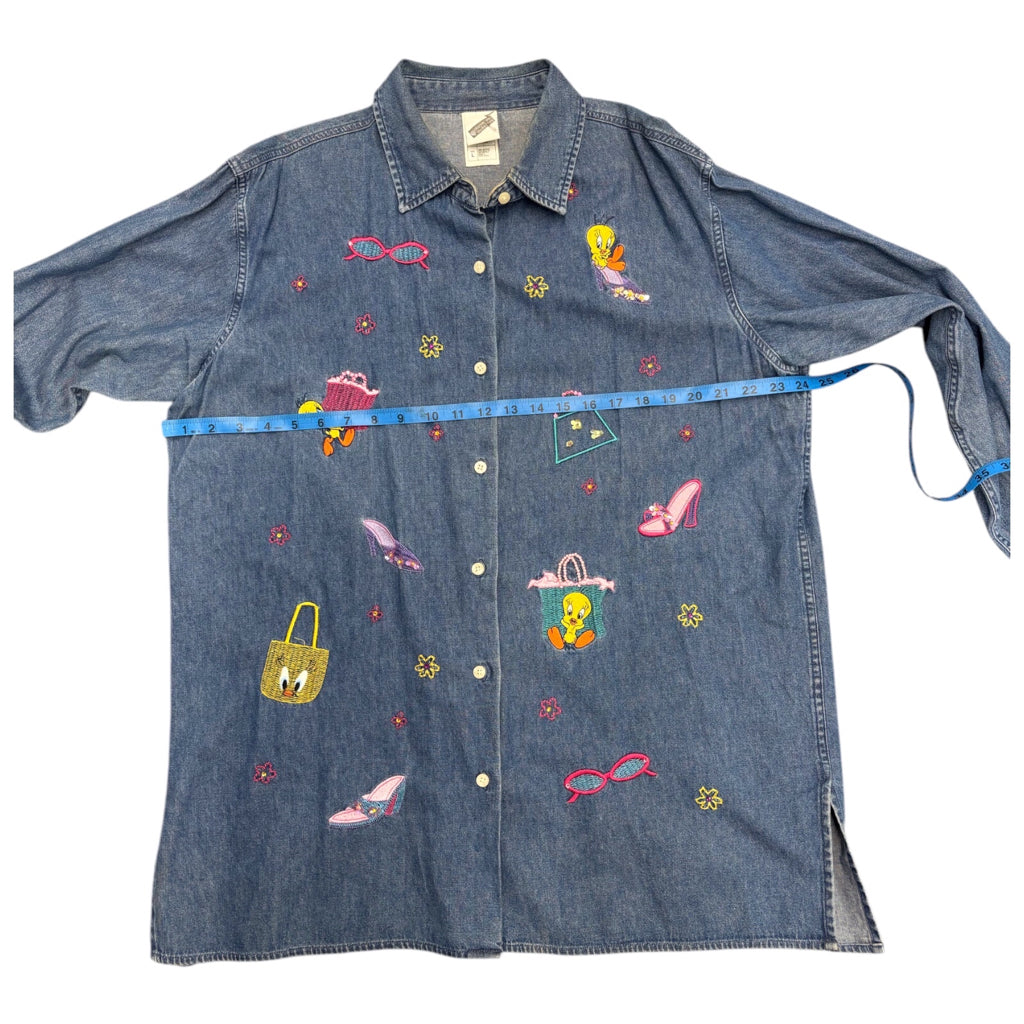 WARNER BROS. Womens Vintage Y2k Embroidered Looney Toons Tweety Blue Button Sz L