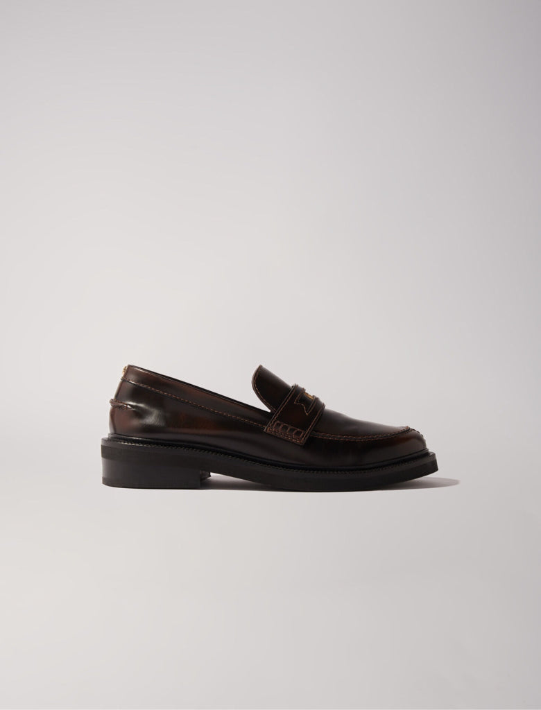 Maje Dark Brown Brushed Leather Penny Loafer w/ Clover Coin Medallion Sz 41