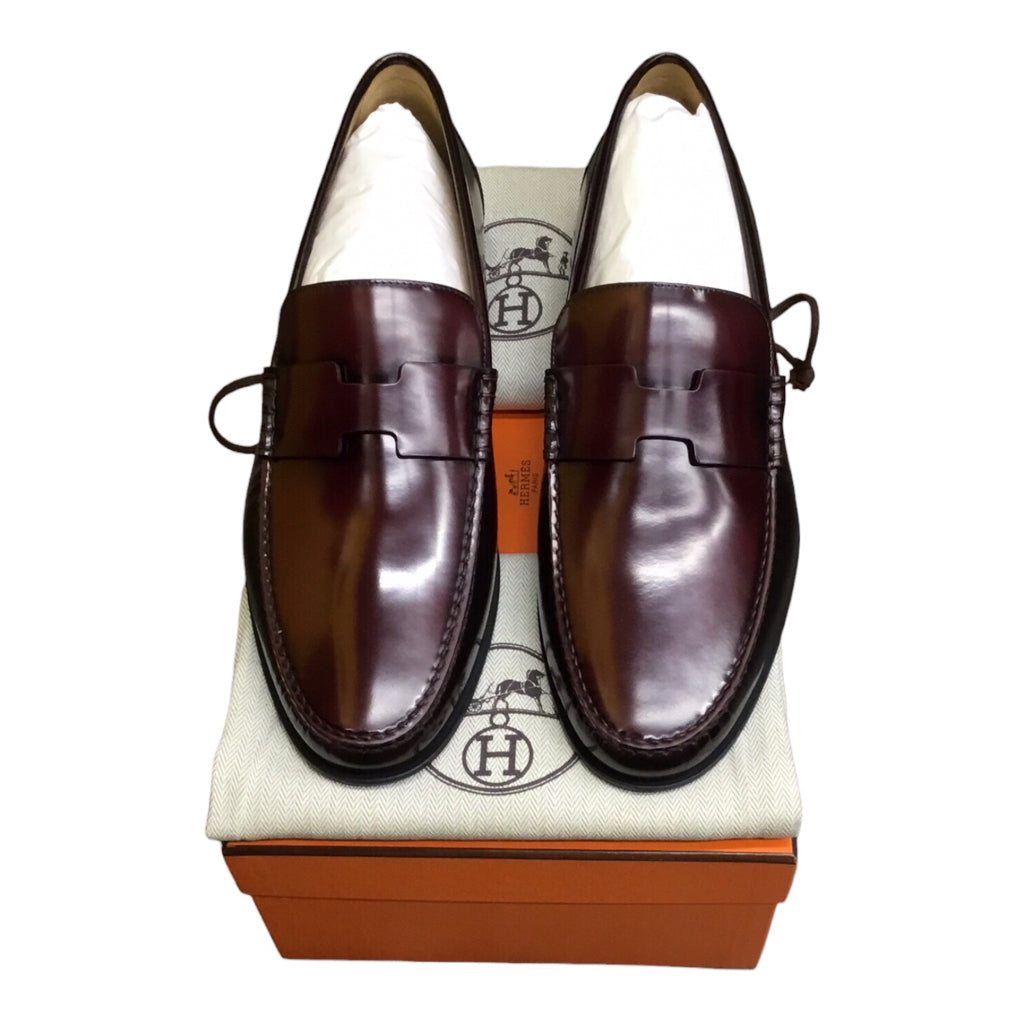 NWB Hermes Duke Loafer Mens Sz 43 Burgundy Calf Skin Leather Slip Dress shoe