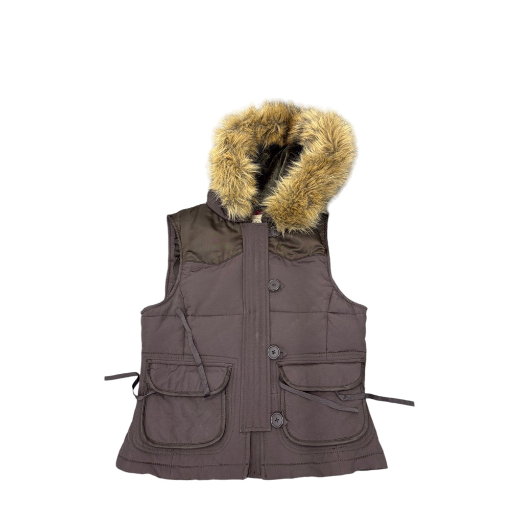 POLO JEANS COMPANY Womens Vintage Y2K Brown Fur Lined Hood Puffer Vest Sz XS