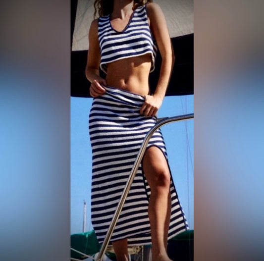 NWT Free People Beach Navy Blue White Stripe Bailey Three Piece Set Sz S