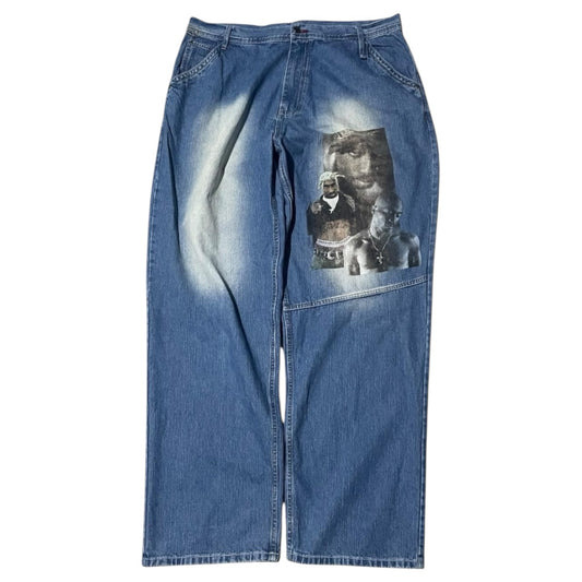 Y2K Rare Makaveli JNCO-Like Tupac Graphic Medium Wash Blue Jeans Sz 42x34