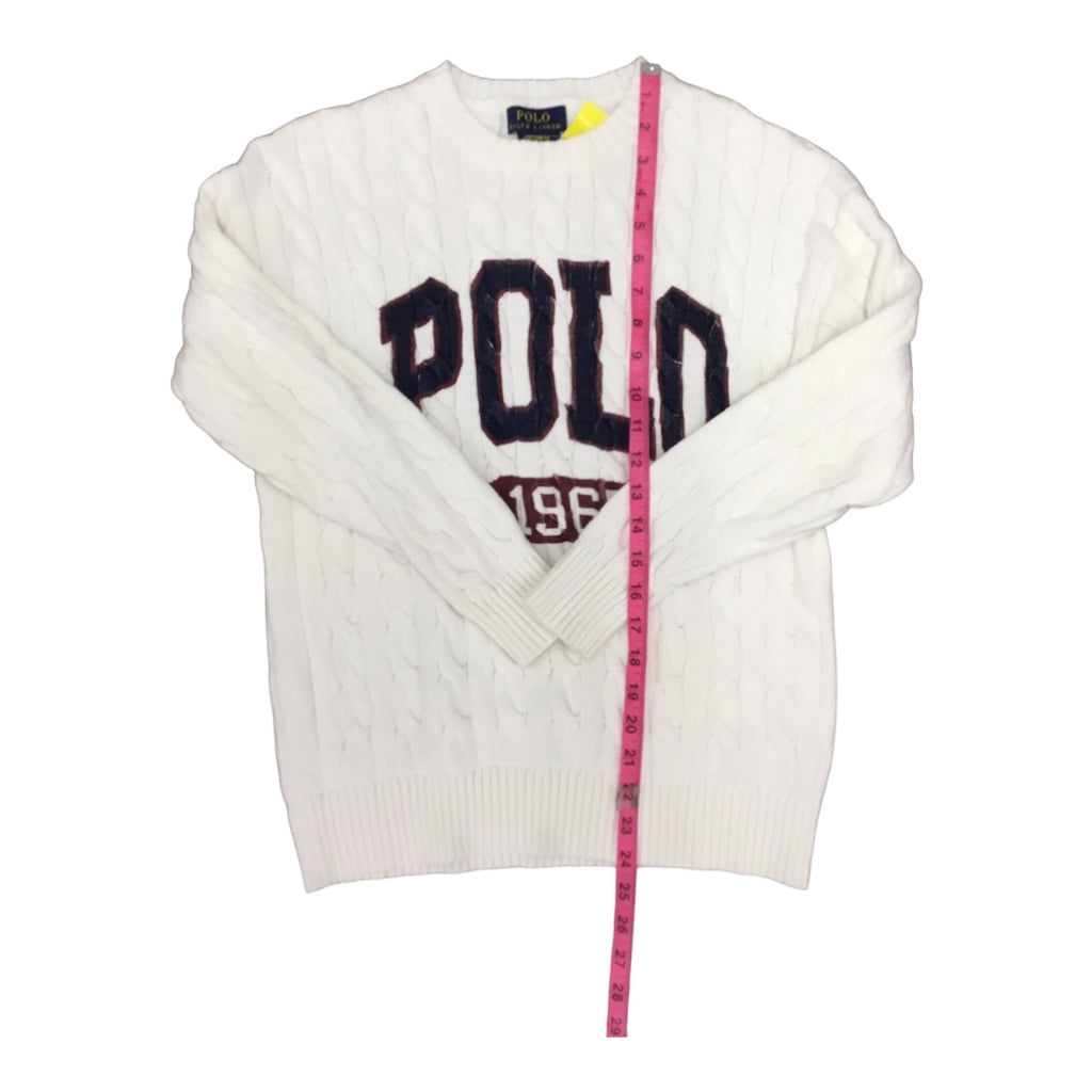 POLO RALPH LAUREN Classic Cable Knit White Navy Red Pullover Crewneck M Tennis Golf