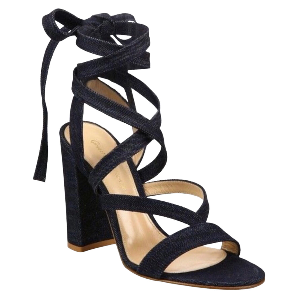 NWB Gianvito Rossi Janis Blue Denim Lace Up Chunky Heel Sandal Women 5 EU 35