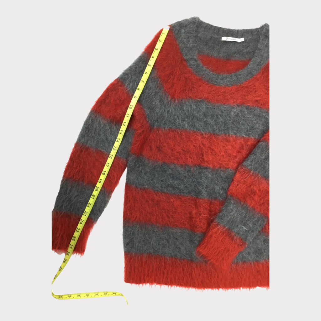 ALEXANDER WANG Mohair Stripped LS Sweater Size Large Red Gray Casual Designer