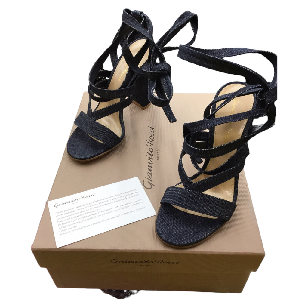 NWB Gianvito Rossi Janis Blue Denim Lace Up Chunky Heel Sandal Women 5 EU 35