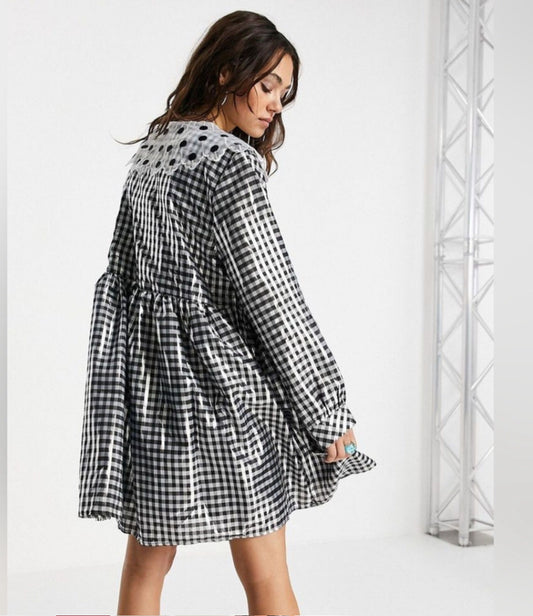 SISTER JANE Glint Checkered Smock Dress Shirt Sz Xs Black Silver NWT Designer