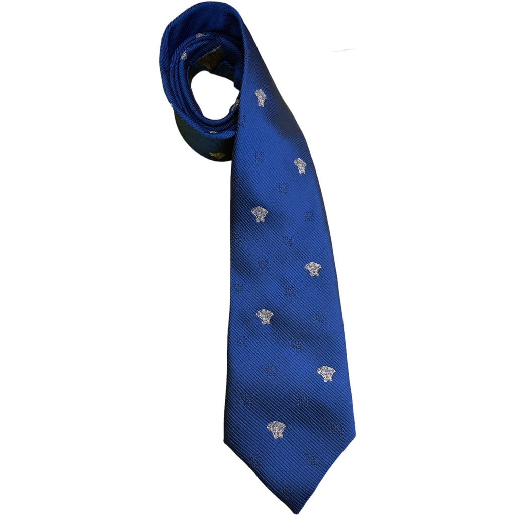 Men's Vintage VERSACE 100% Silk Woven Designer Tie Blue Print Hand Made
