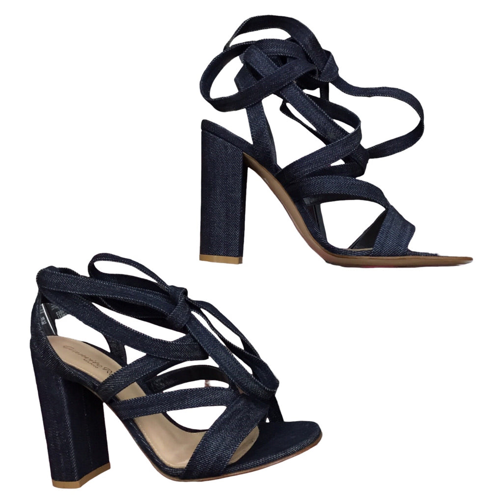 NWB Gianvito Rossi Janis Blue Denim Lace Up Chunky Heel Sandal Women 5 EU 35