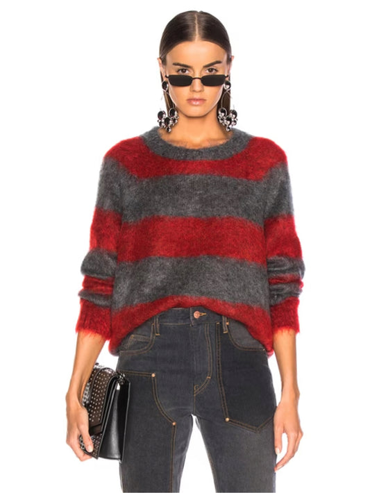ALEXANDER WANG Mohair Stripped LS Sweater Size Large Red Gray Casual Designer