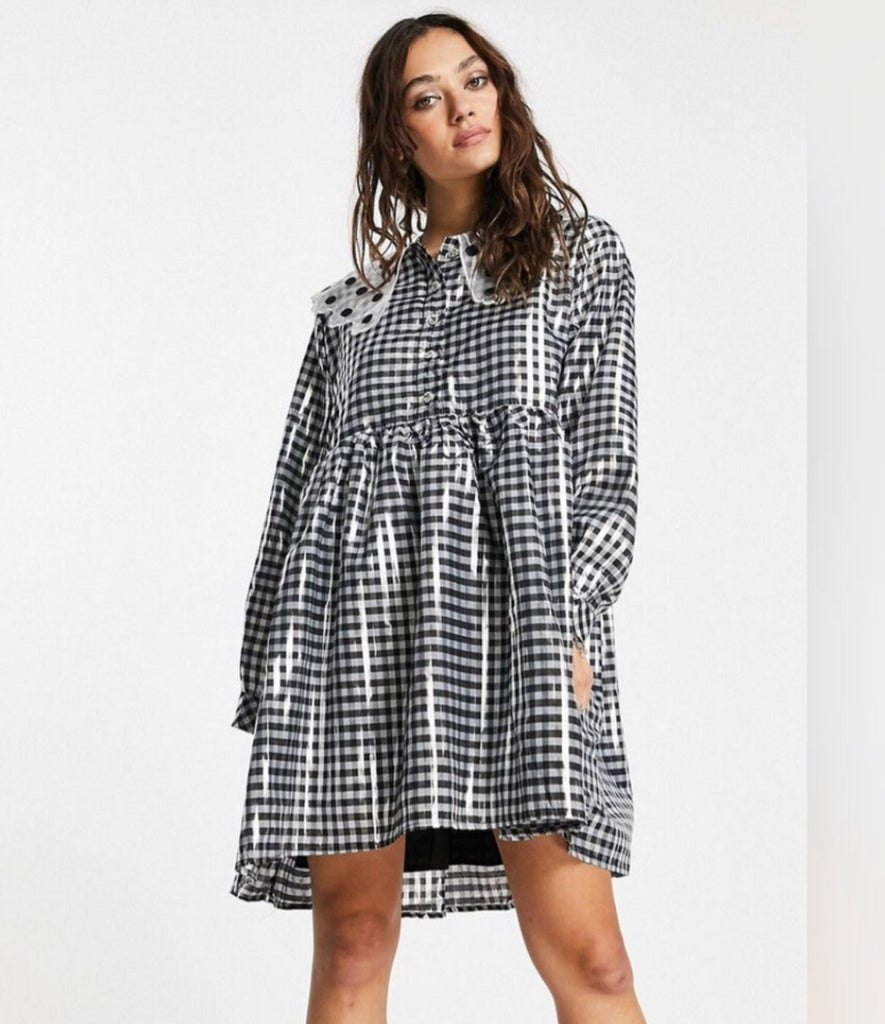 SISTER JANE Glint Checkered Smock Dress Shirt Sz Xs Black Silver NWT Designer