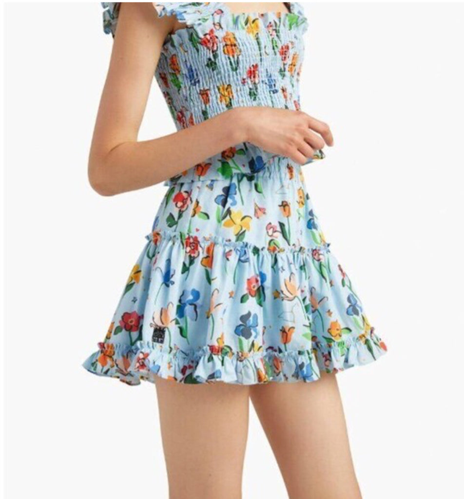 NWT HillHouse Light Blue 'The Paz Skirt' Womens Sz S Floral Designer mini ruffle