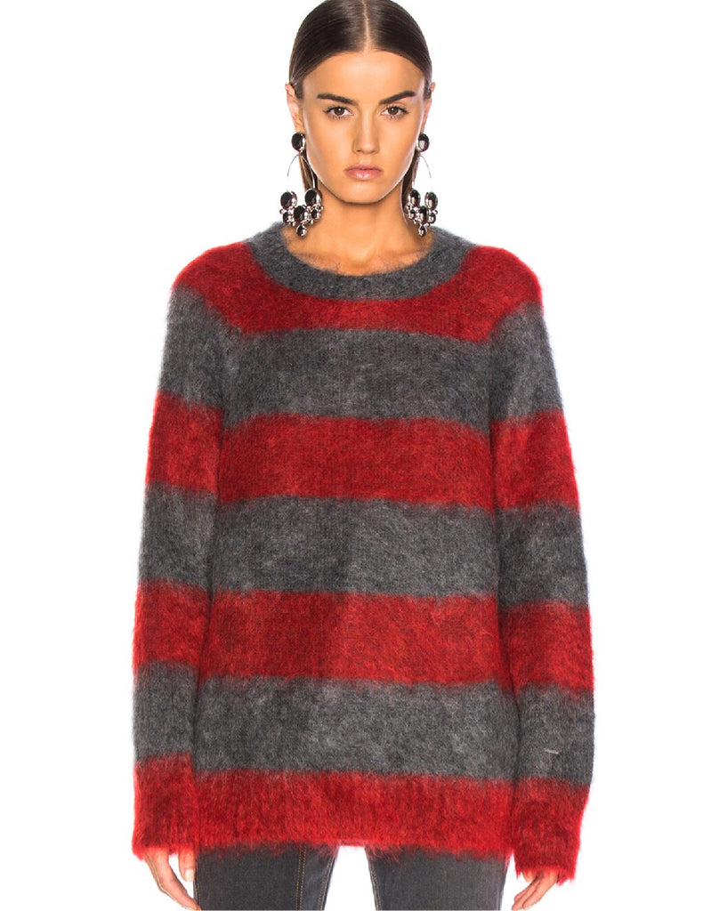 ALEXANDER WANG Mohair Stripped LS Sweater Size Large Red Gray Casual Designer