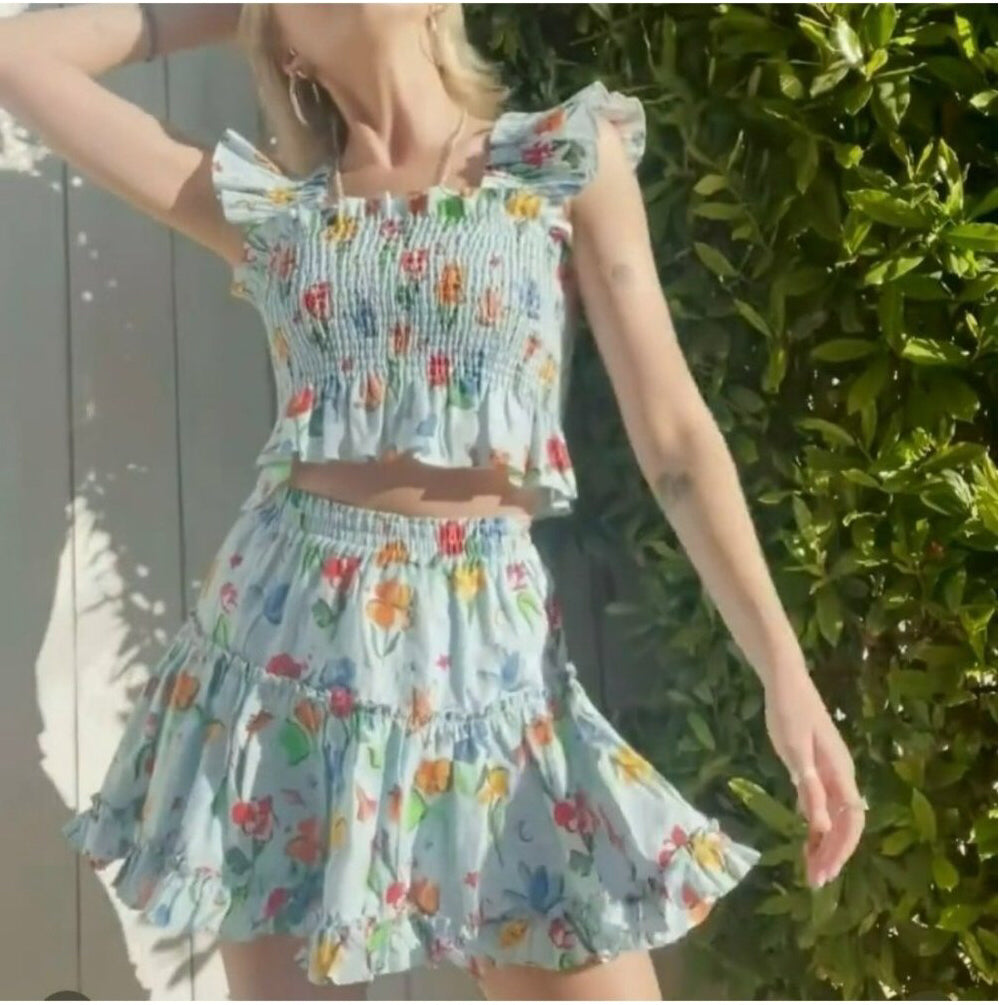 NWT HillHouse Light Blue 'The Paz Skirt' Womens Sz S Floral Designer mini ruffle