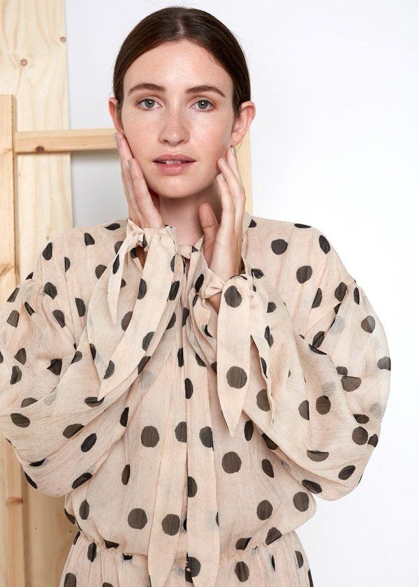NWOT Nanushka Cream Chiffon Zahara Black Dot LS Dress Wmns Sz M Tan