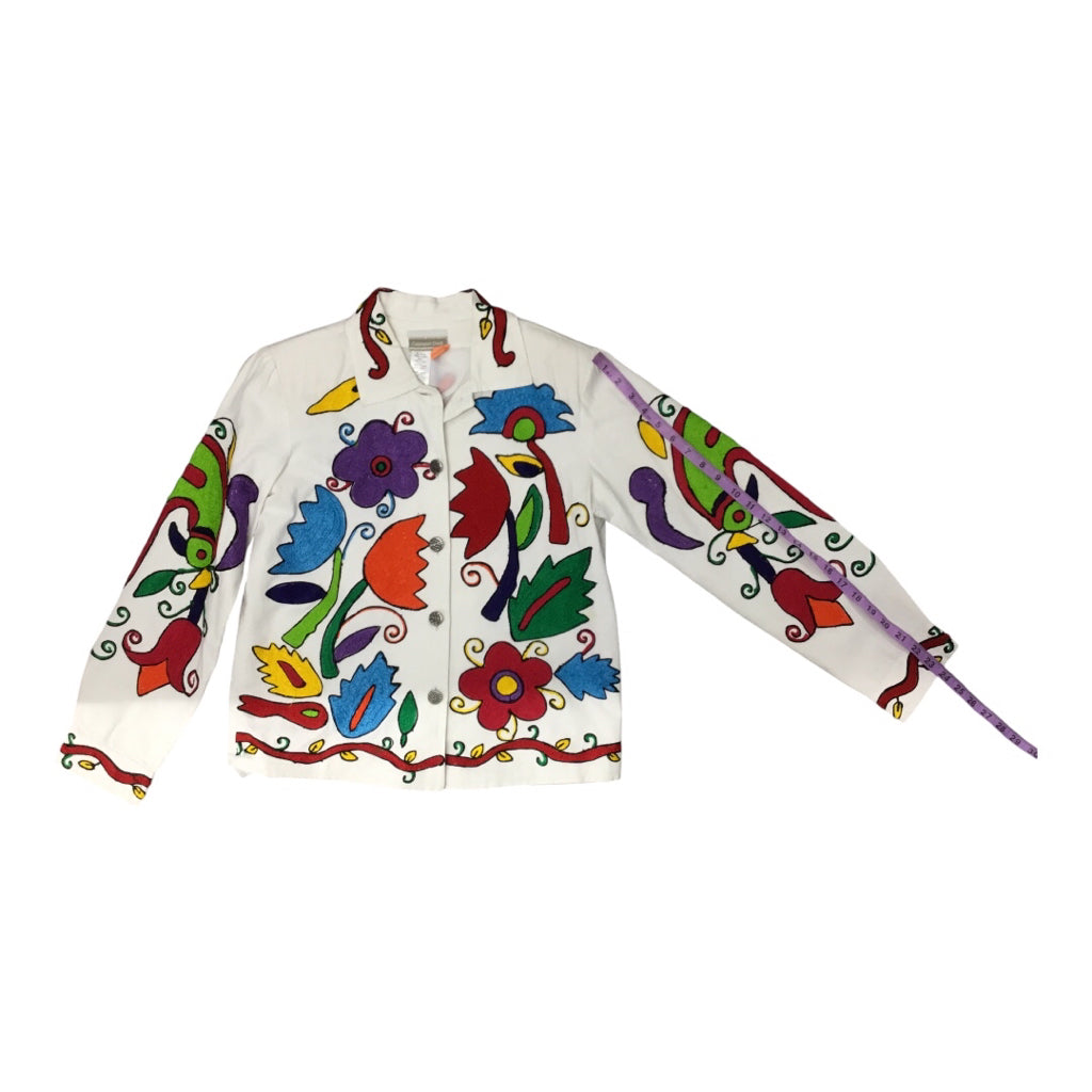 VTG Coldwater Creek Chainstitched Girasol Style Colorful Floral Birds White Denim Jacket Wms Sz S