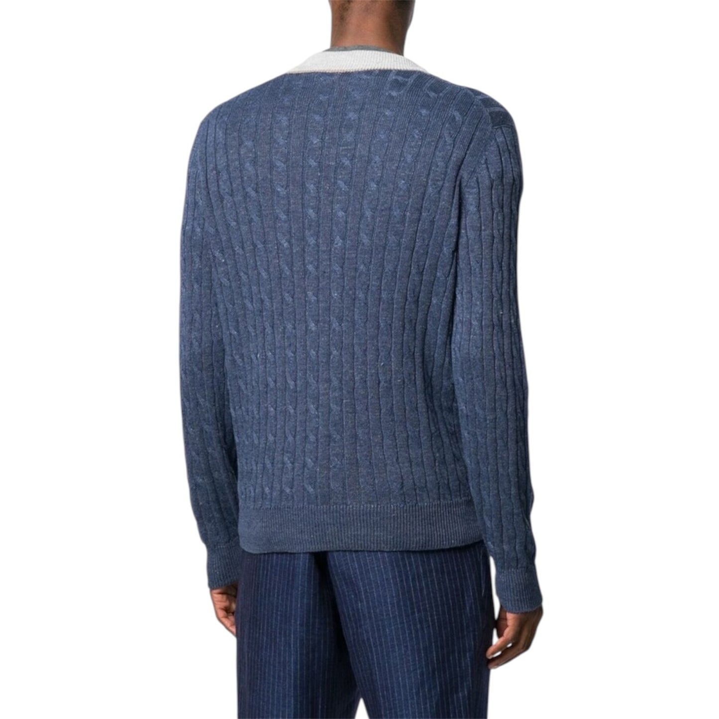 Brunello Cucinelli Men V Neck Cable Knit Blue Sweater Nwt Sz M