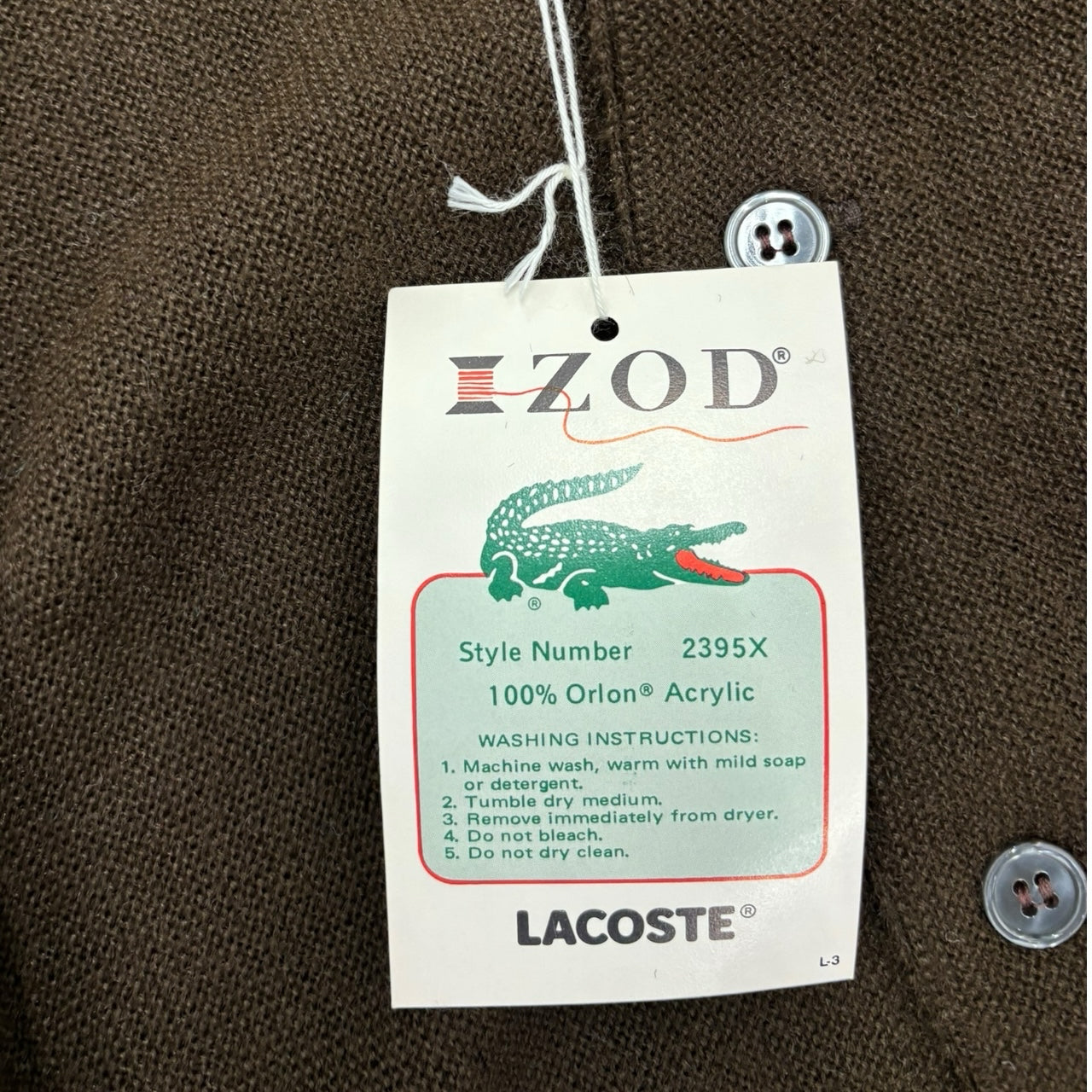 NWT 70s Vintage Izod Lacoste V Neck Solid Color Brown Button Cardigan Men  Sz XL