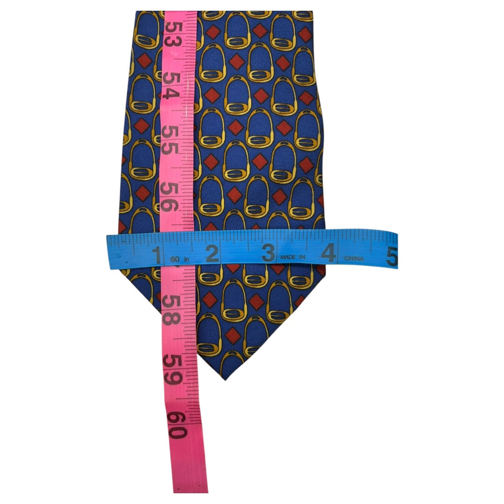 Vtg Burberry 100% Silk Navy Red Gold Pin Graphic Mns Tie