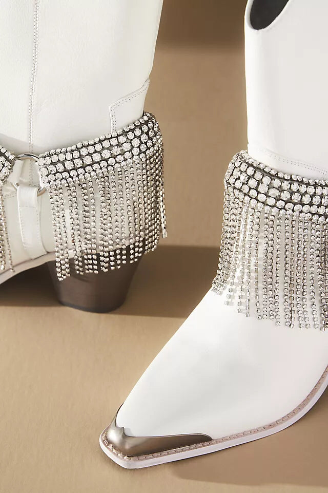 Daniel x Diamond High Noon Crystal-Harness White Western Heel Booties Shoe Wmns Sz 6 Boots