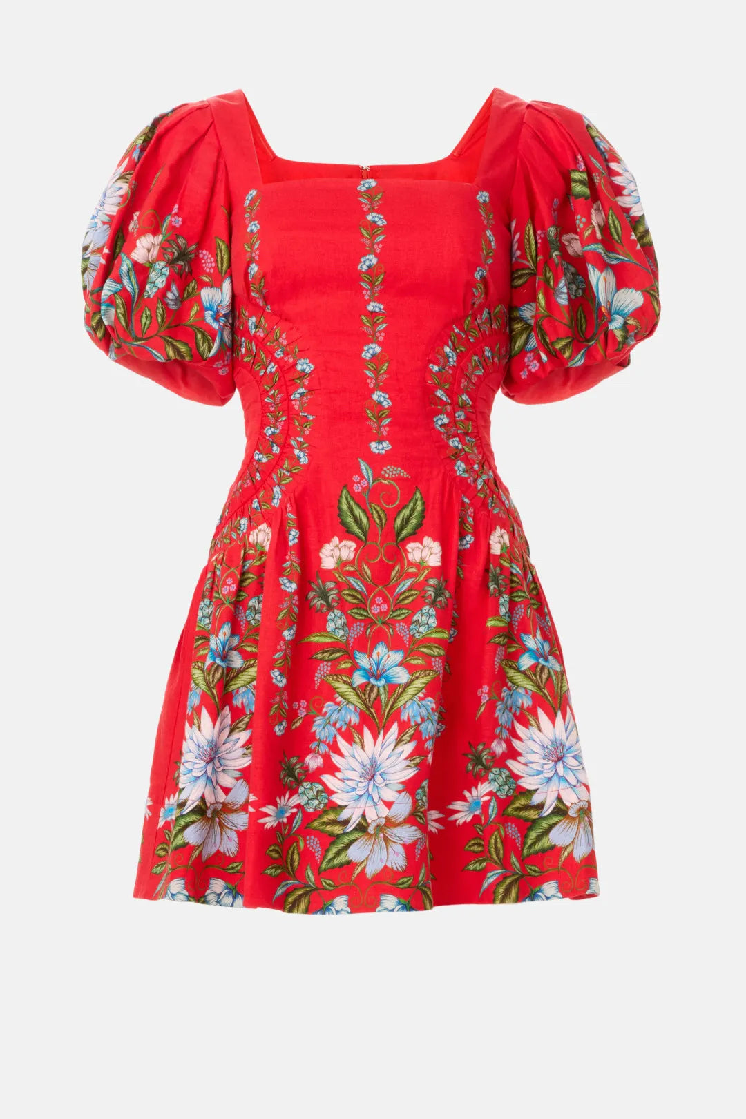 FARM Rio Red Floral Anthurium Leaves Dress Square Neckline Puff Sleeves