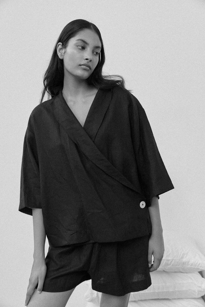 NWT Deiji Studios The Asymmetric Set Deep Black Wmn Sz S French Linen Top Shorts