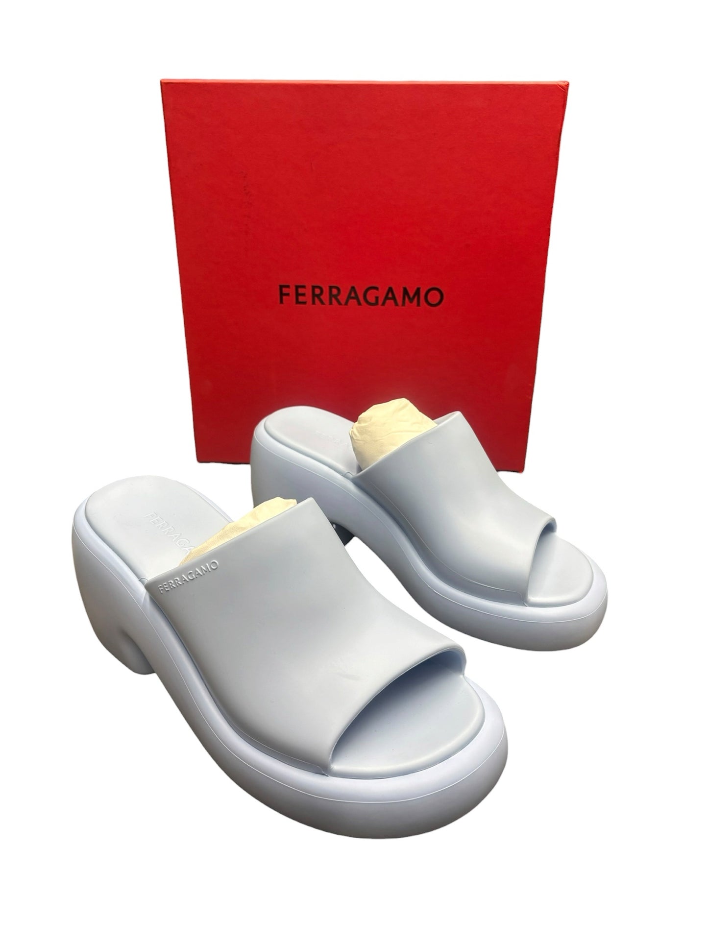 Salvatore Ferragamo Deva Platform Slide Sandals Light Blue Women Mule Sz 10