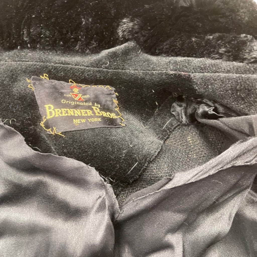 Vtg 1940s Brenner Bros NY Black Wool Coat Fur Hood Rare WWII Museum Quality