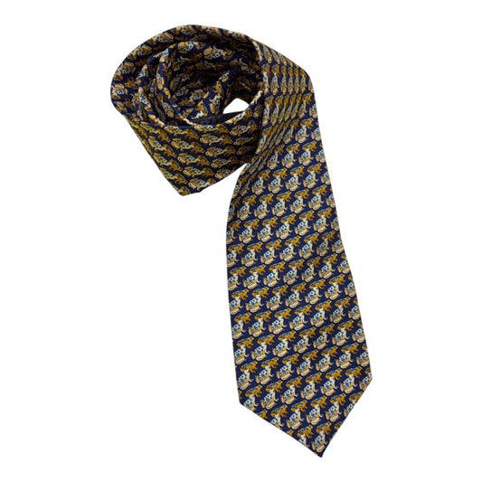 Burberry Navy 100% Silk Gold Yellow Blue Frog Print Mns Tie