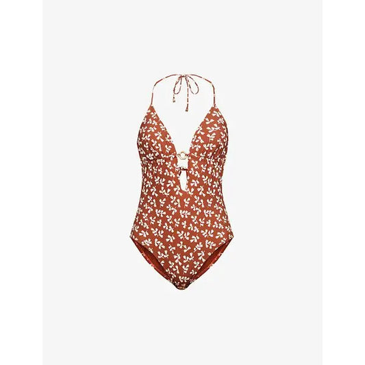 NWT Tory Burch Floral Printed Plunge Halter Neck Brown Swimsuit Leaves Wmns Sz S