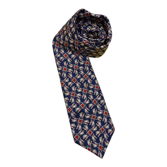 Burberry Navy 100% Silk Cream White Red Horse Head Print Mns Tie